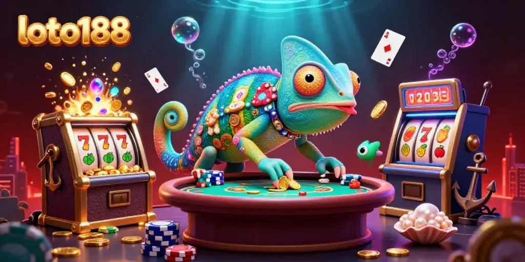 Engage in thrilling gameplay at loto188 with a vibrant chameleon owner amidst dazzling slot treasures.