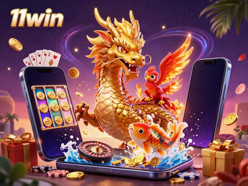 Experience the thrill of 11win with a golden dragon, phoenix, and koi fish amid dynamic casino elements.