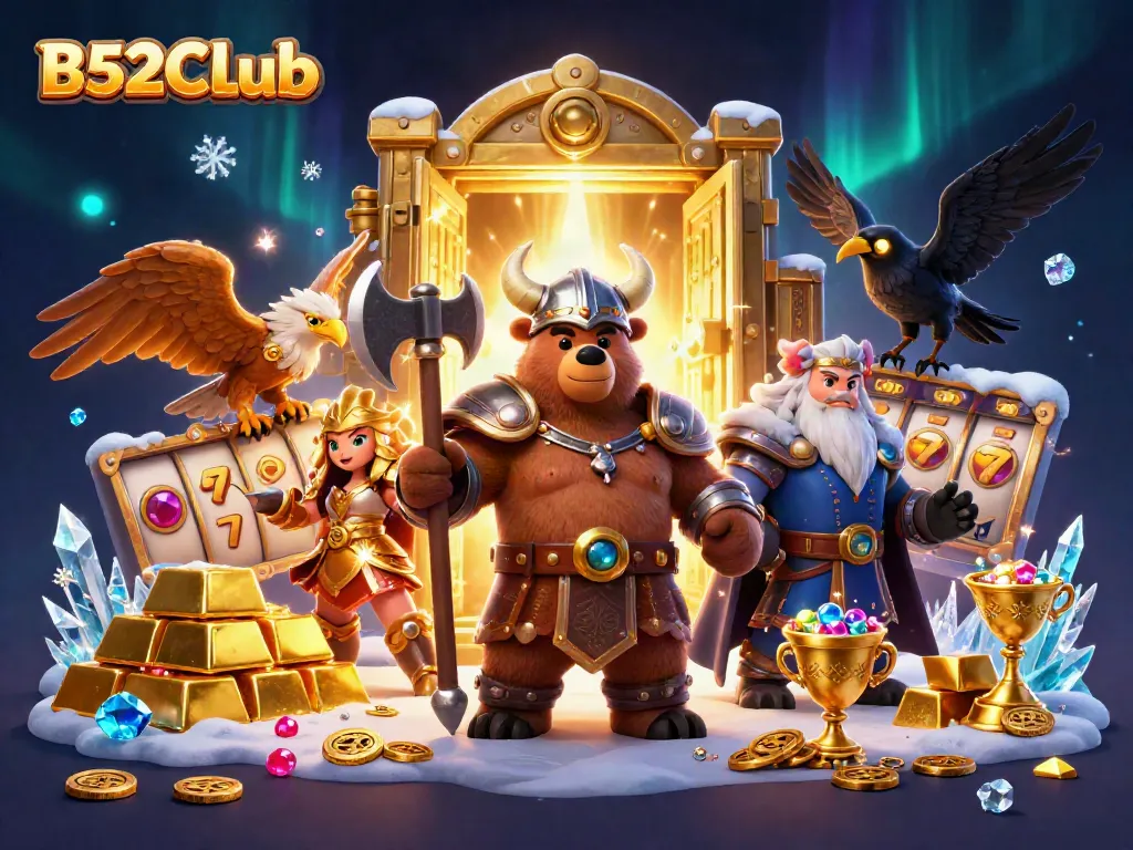 Engage with B52CLub's dynamic gaming scene featuring Viking characters amid treasures and slot elements.