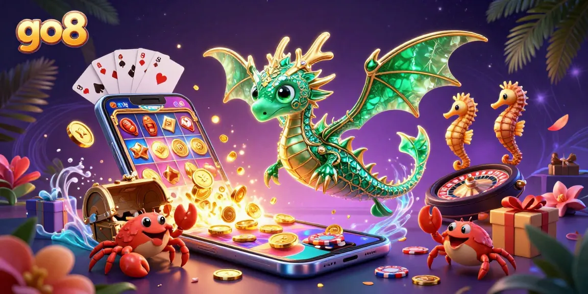 Engage with the spectacular go8 online gaming scene featuring an emerald sea dragon amidst casino excitement.