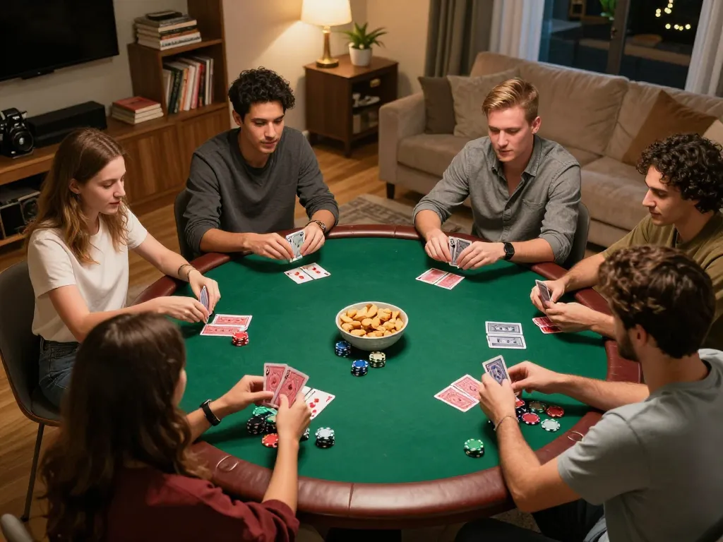 BONG88 players enjoying an intense poker night at home with friends, colorful chips and warm lighting creating a cozy atmosphere.