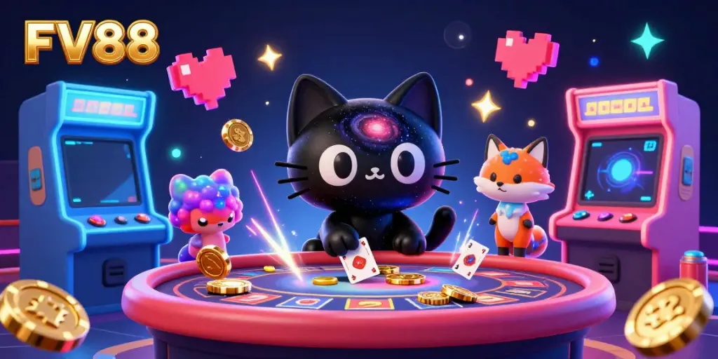Experience excitement at FV88 with a cosmic casino scene featuring a black hole cat and colorful arcade elements.