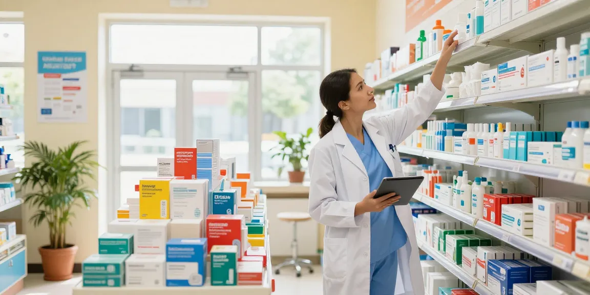 Medical Supplies displayed in a healthcare store with a professional restocking shelves, showcasing organization and accessibility.