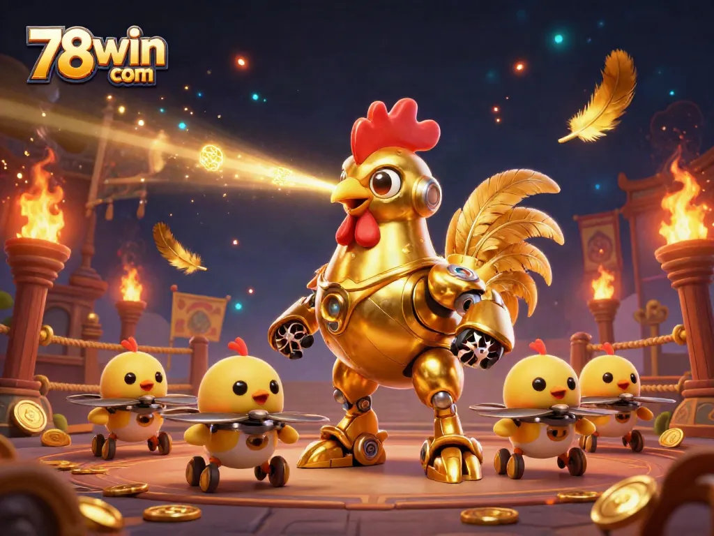 Experience the thrill of gaming with 78win com in a vibrant 3D casino scene, featuring golden rooster robots.