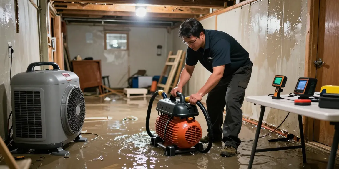 Water Damage Restoration Vancouver: Technician performing emergency extraction in a flooded basement with industrial equipment.