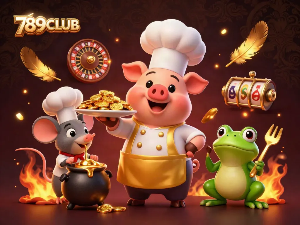 Engage in winning strategies with 789CLUB in a vibrant casino scene featuring playful characters.