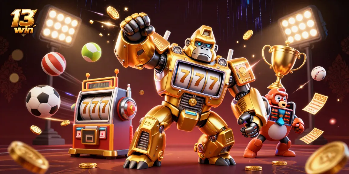 Win big at 13win with a thrilling illustration of a golden gorilla mech bursting with coins.
