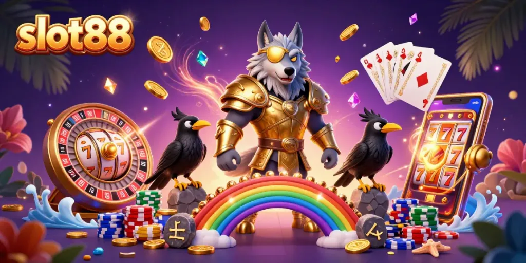 Win big with slot88 featuring Odin and his ravens in a vibrant 3D casino scene.