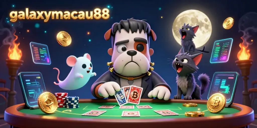 Experience the thrill of gambling at galaxymacau88 with a lively 3D scene featuring dynamic characters and crypto elements.