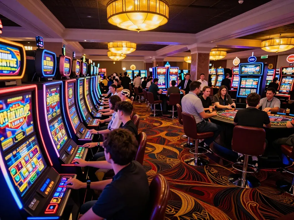 Players enjoying vibrant slot machines in a lively casino atmosphere, capturing the excitement of 3WIN gaming action.