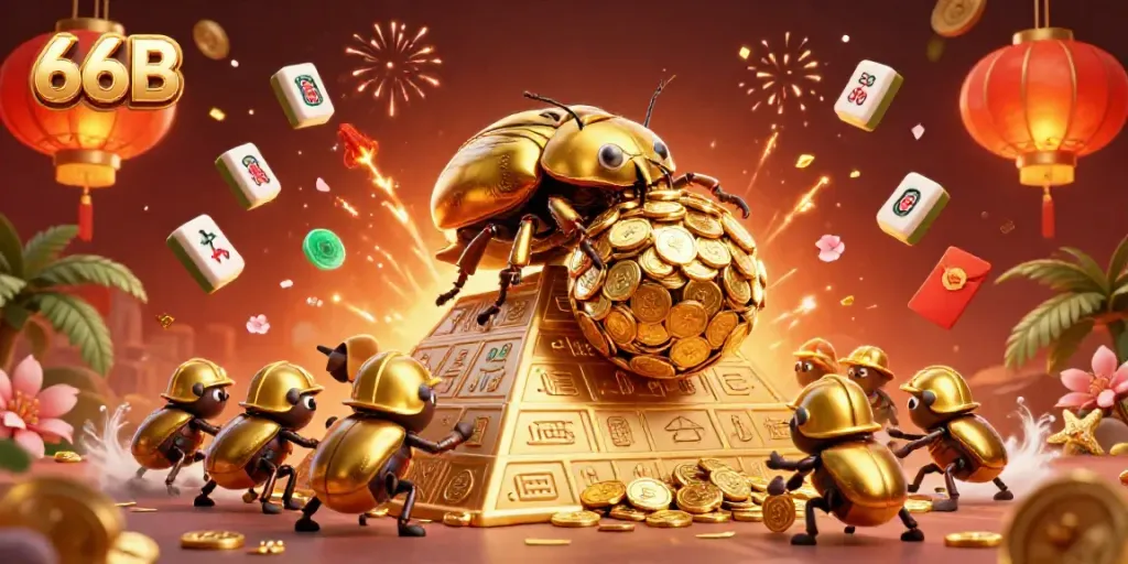 Engage with 66B at the casino with a dynamic scene of golden beetles rolling coins.