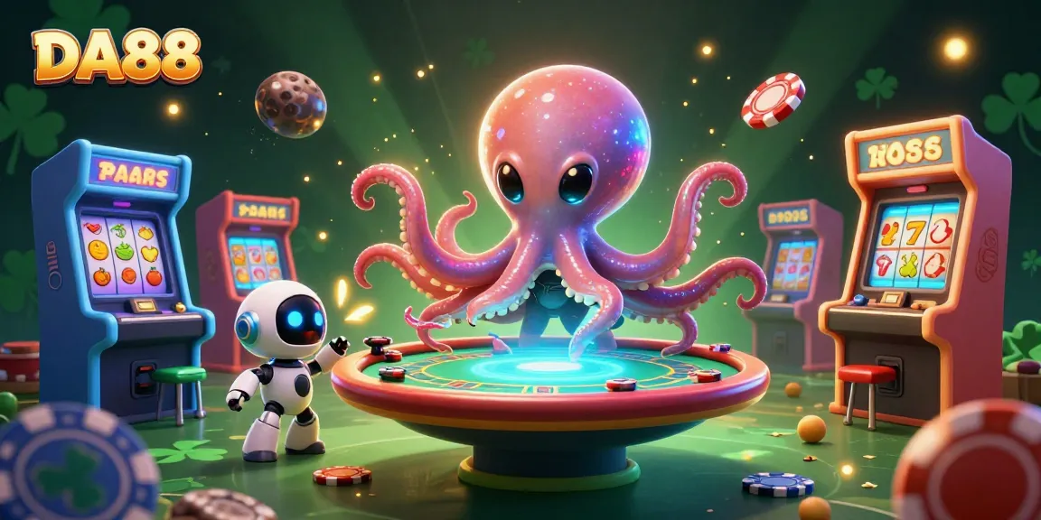 Experience thrilling gameplay at DA88 with an alien octopus managing a poker table amidst a colorful casino universe.