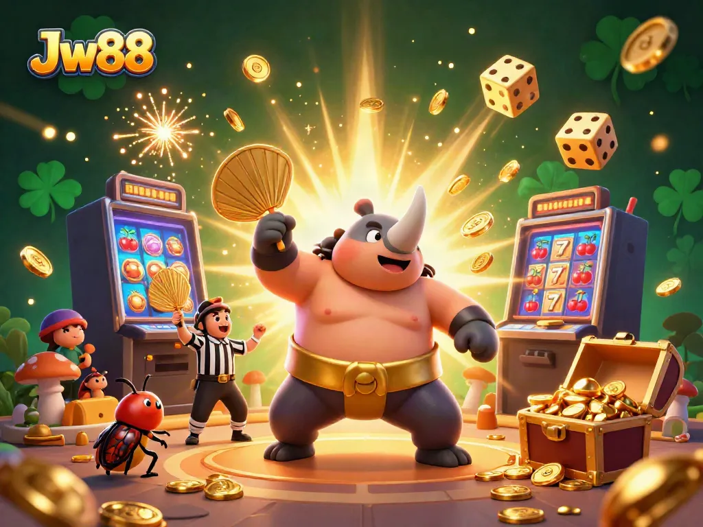 Experience Jw88's thrilling jackpot with a cartoon sumo beetle and vibrant casino elements.