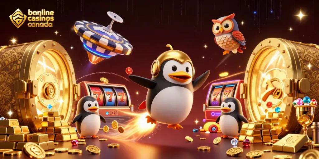 Experience the excitement of the best online casinos Canada with our vibrant 3D illustration of a golden penguin reaching for casino riches in outer space.