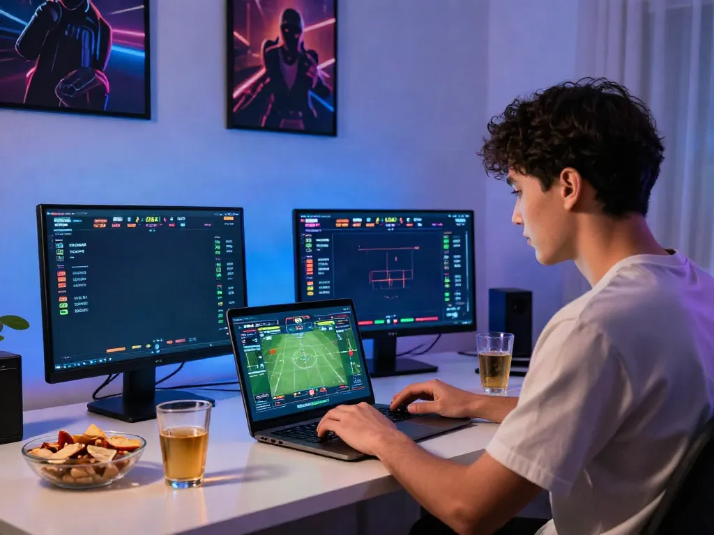 Engaged player enjoying online gaming and sports betting at Man88 in a cozy living room.