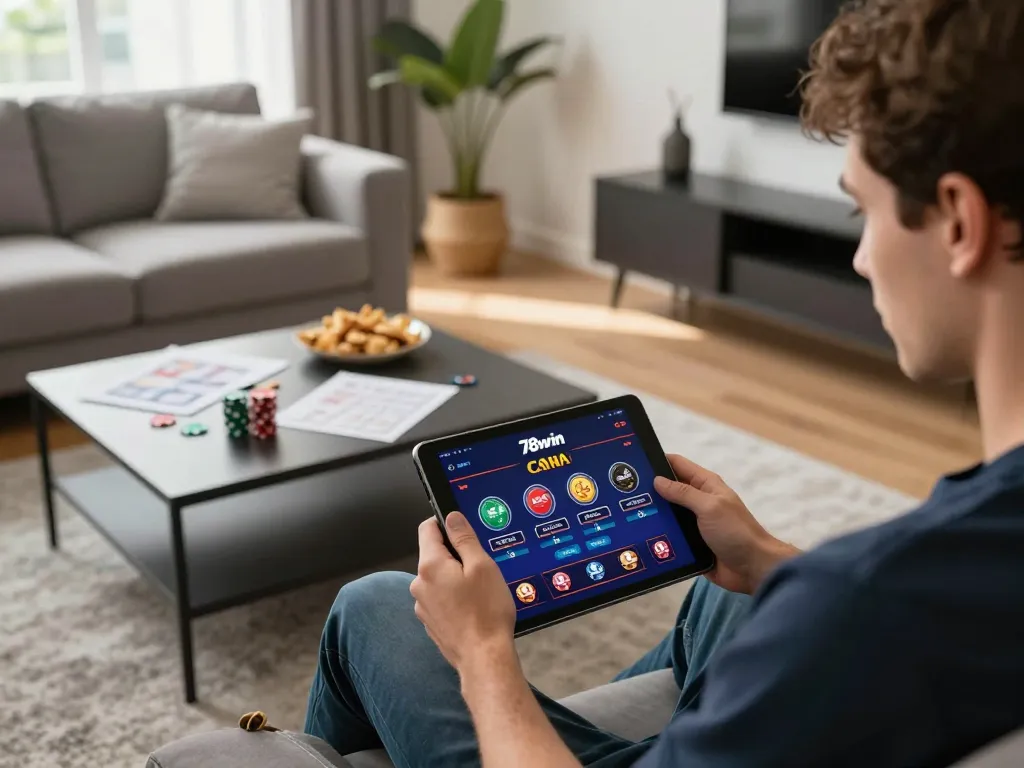 Player using the 78win app on a tablet in a cozy home setting, highlighting responsible gaming.