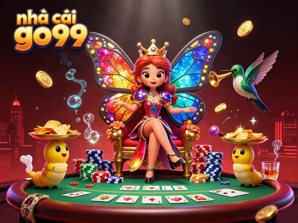The butterfly queen presiding over a vibrant gaming scene at nhà cái go99 with poker elements and animated details.