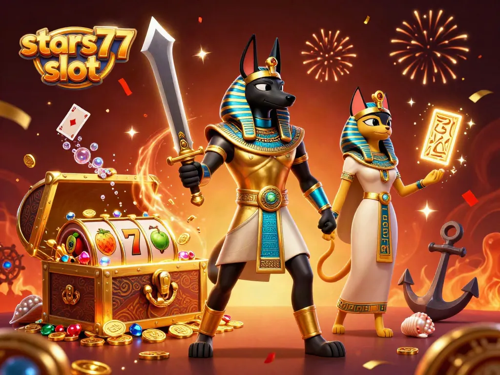 Gali kemenangan di stars77 slot dengan karakter Anubis dan Bastet di kasino magis.