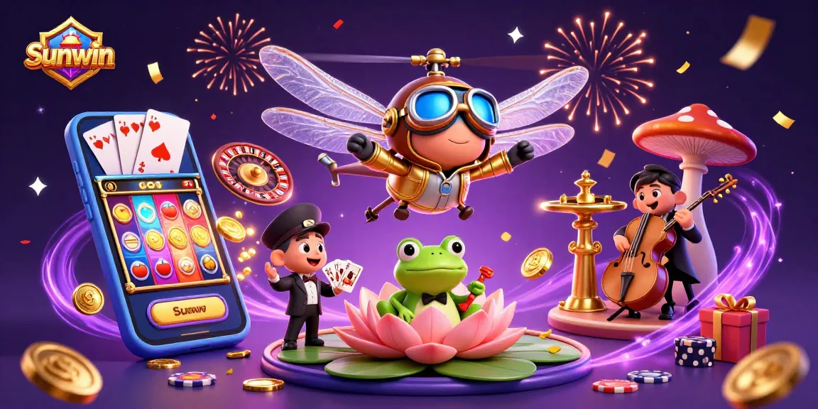 Experience the dynamic gaming world of Sunwin with a dragonfly pilot, frog croupier, and exciting casino elements.