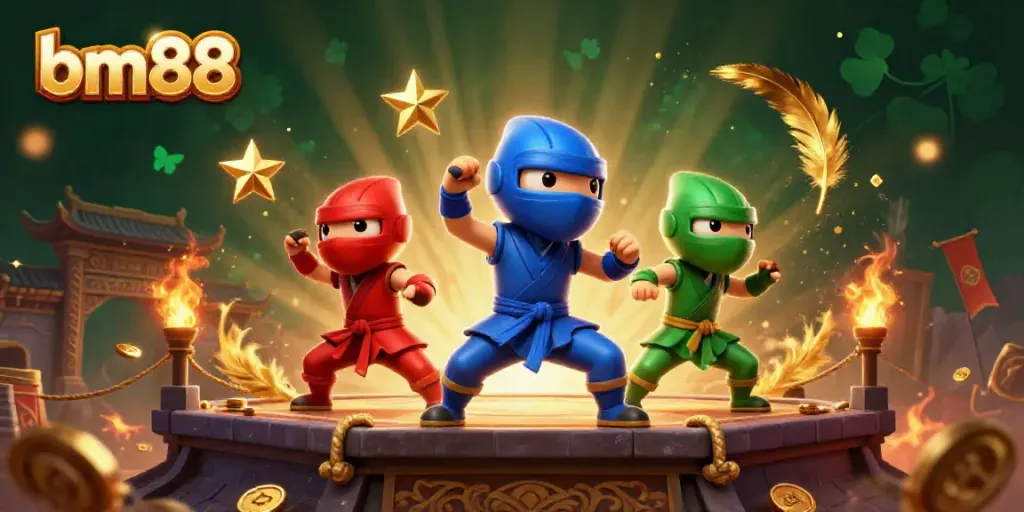 Caught in action, bm88's chameleon ninjas showcase dynamic martial arts moves amidst a vibrant casino-themed backdrop.