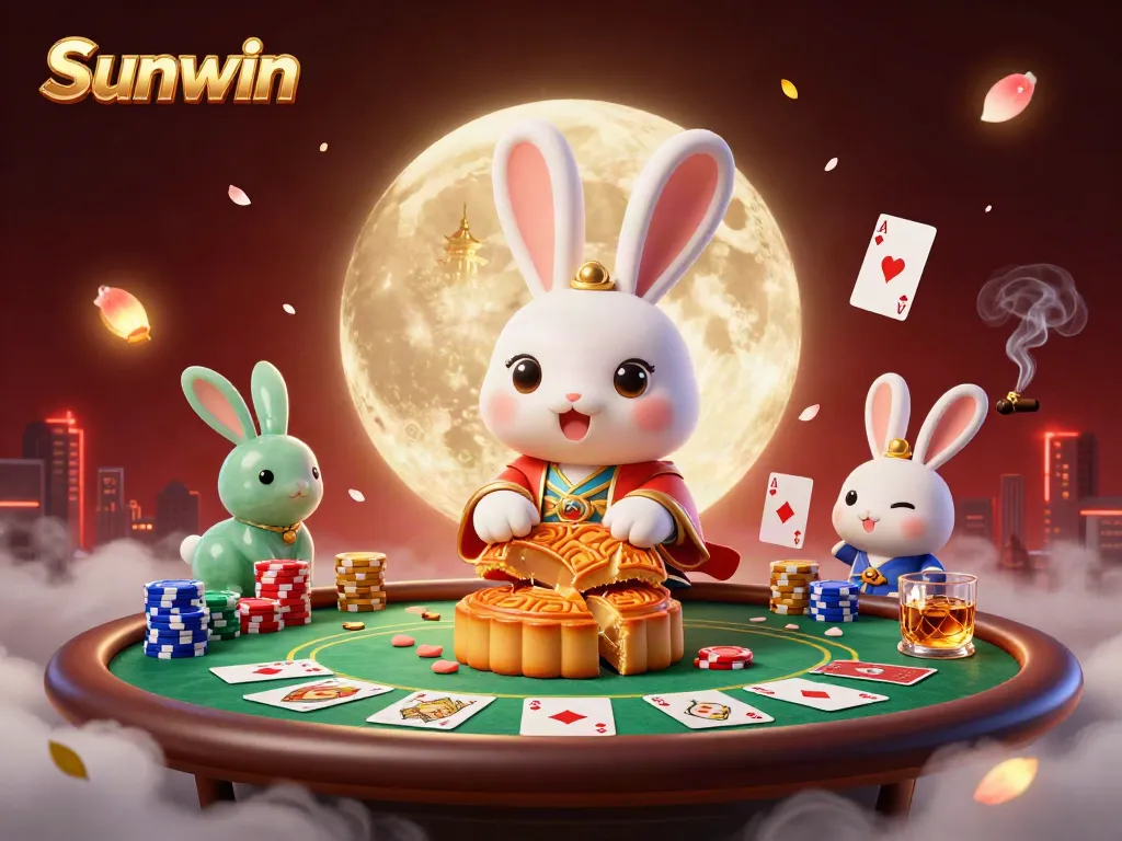 Engage with Sunwin's enticing online casino experience featuring a moon rabbit in a vibrant casino setting.