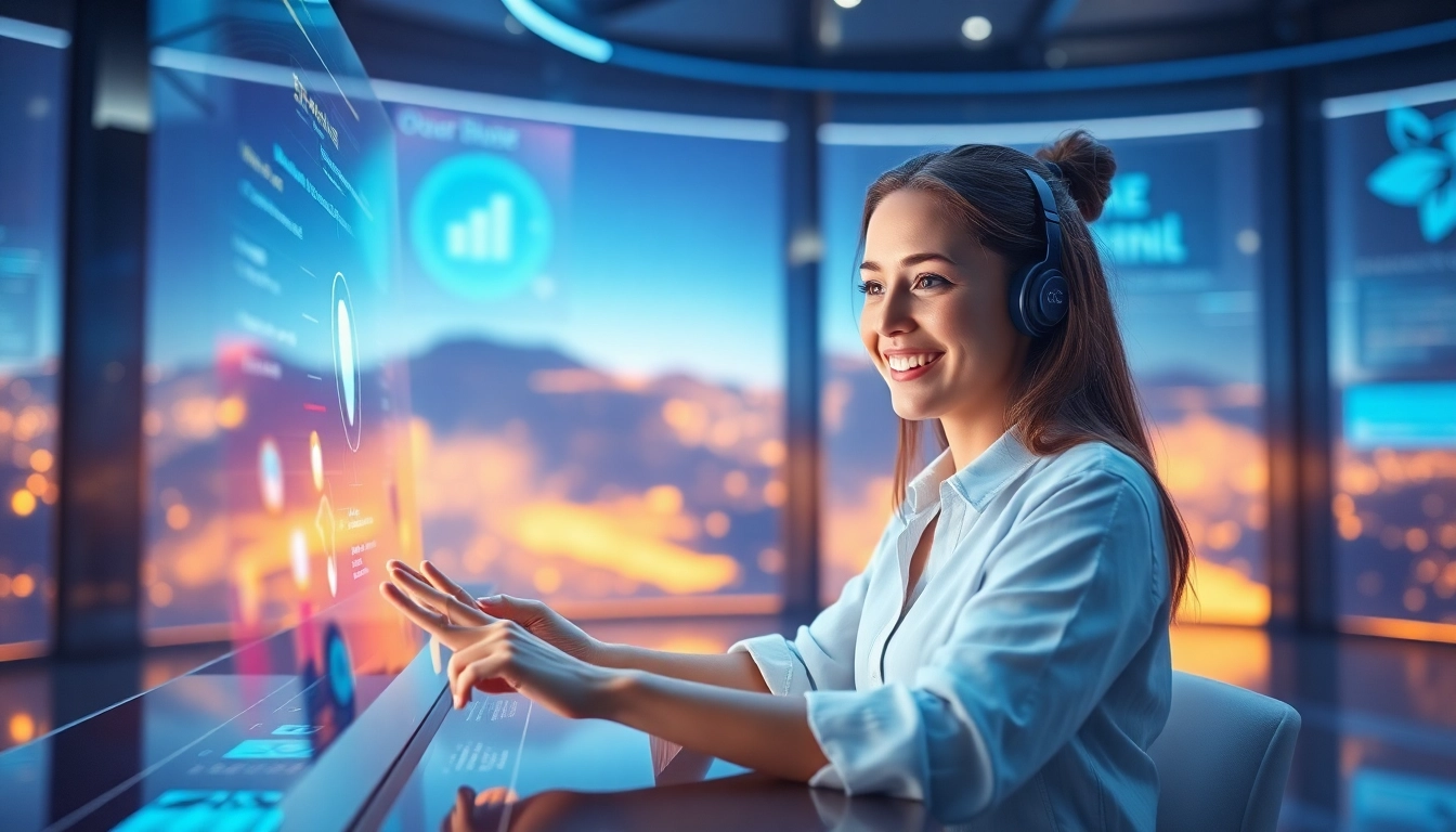Engaging user interacting with their virtual girlfriend AI in a serene, futuristic digital space.