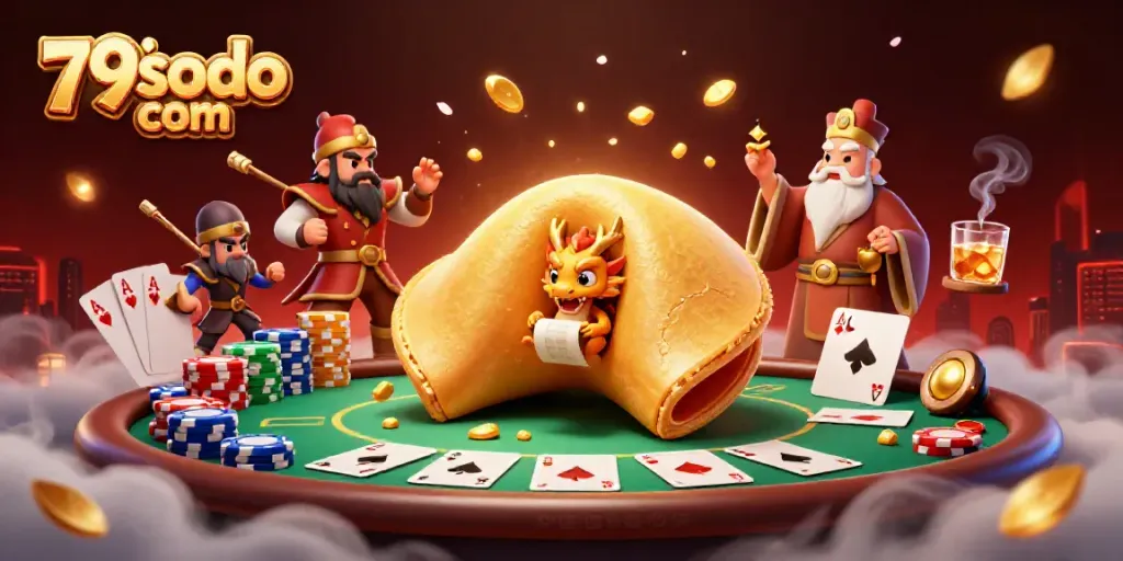 Experience excitement at 79sodo com with a dynamic scene of fortune cookies and card games.