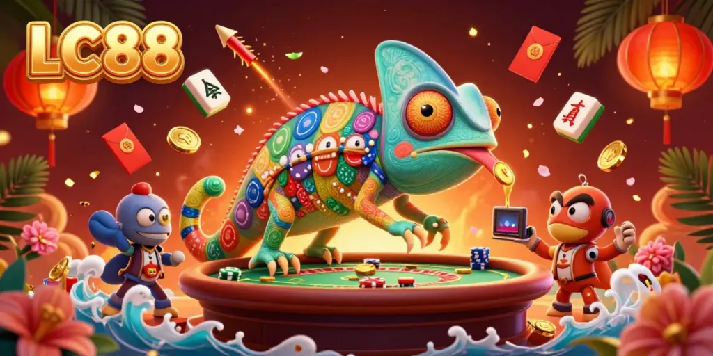 Experience the vibrant casino world of LC88 with a lively chameleon owner and dynamic gaming elements.