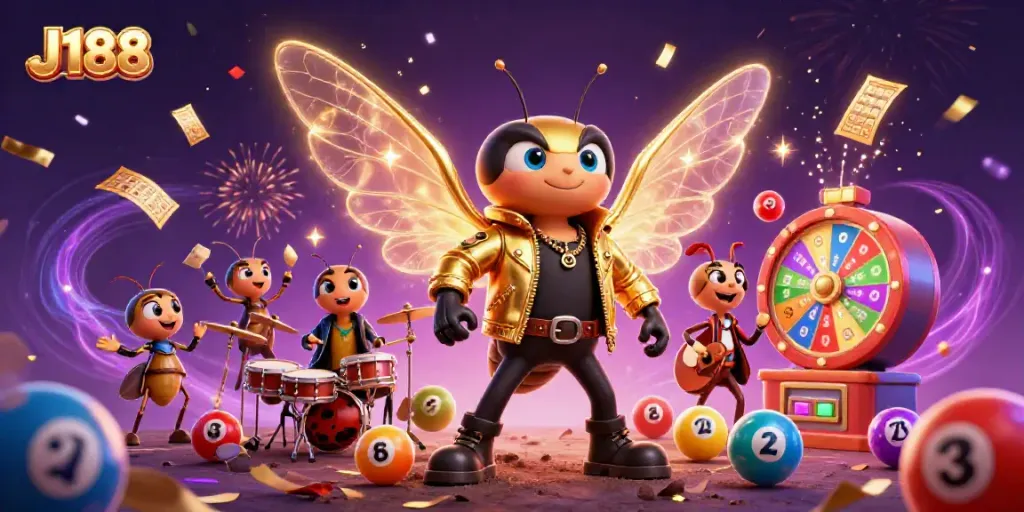 Engaging J188 illustration showing a cartoon cicada rock star with vibrant casino elements, celebrating a dynamic gaming atmosphere.