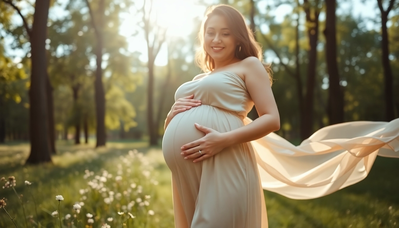 Captivating Babybauch Fotoshooting of a radiant pregnant woman outdoors, showcasing her bond with nature.