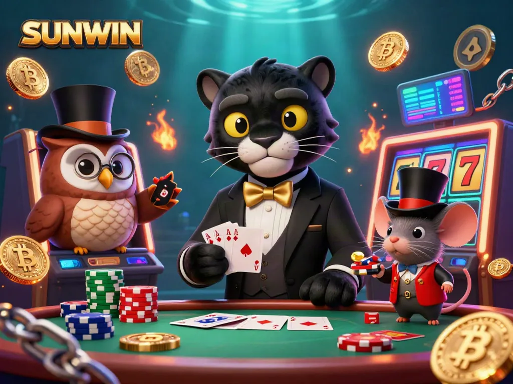 Experience the excitement of SUNWIN with a 3D cartoon illustration of a stylish panther dealer showcasing vibrant casino elements.