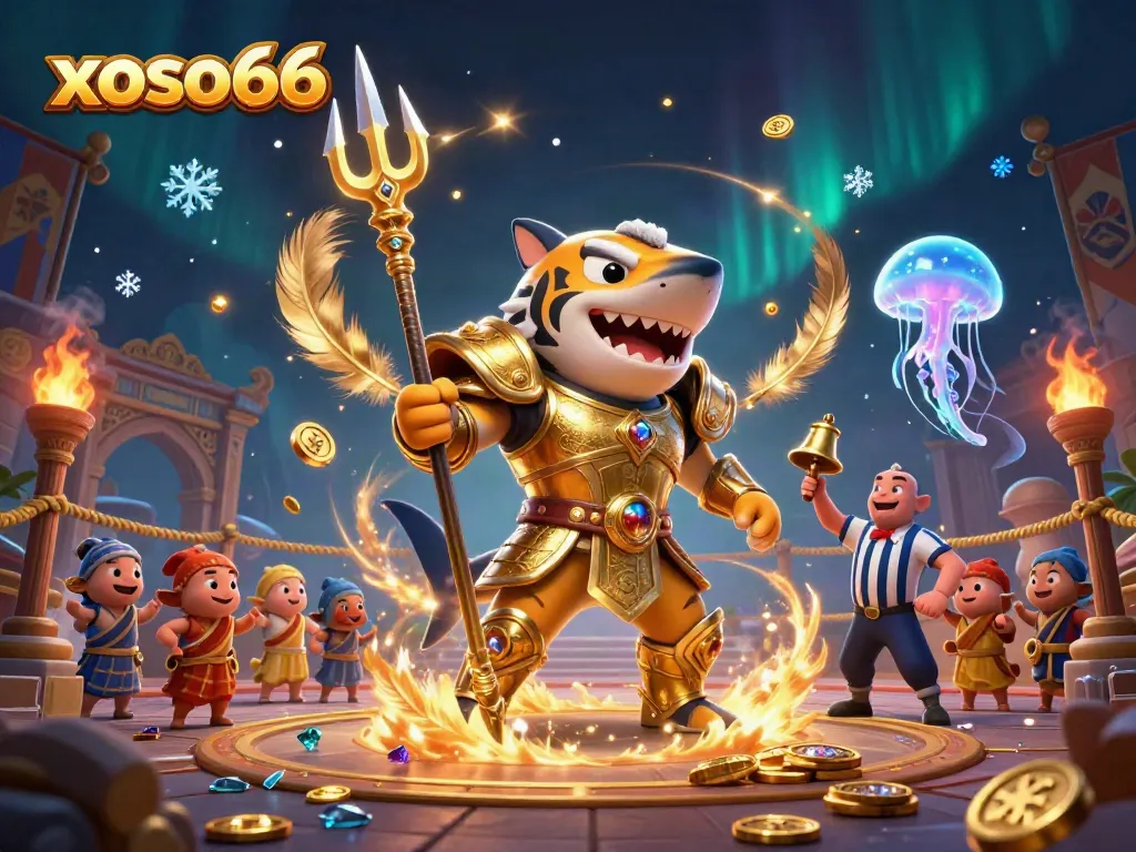 Experience thrilling gameplay at xoso66 with an underwater colosseum featuring a cartoon tiger shark and vibrant casino elements.