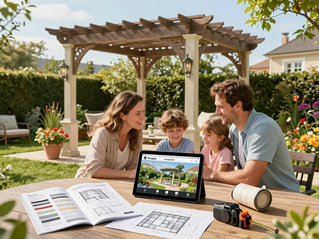 Family engaging with the 3D Pergola Configurator in a vibrant garden, surrounded by greenery and design tools.