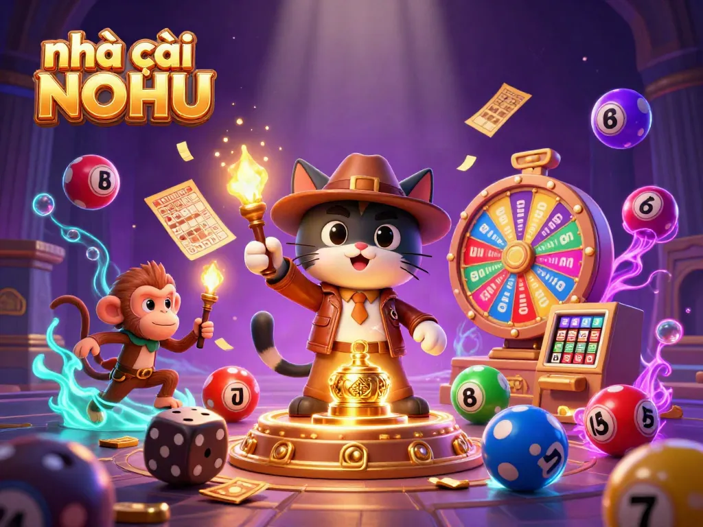 Experience excitement at nhà cái NOHU with a cat archaeologist and vibrant casino elements.