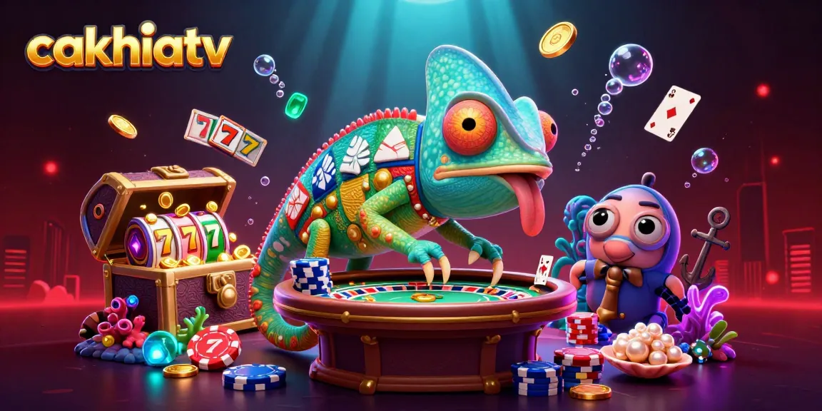 Cakhiatv showcases vibrant 3D casino illustration, featuring a chameleon owner in an exciting gambling atmosphere.
