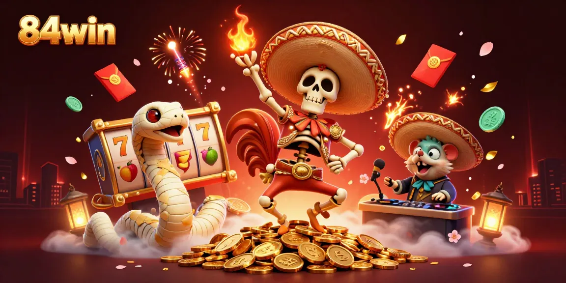 Spin and win big with 84win's lively casino scene featuring animated characters and slot machines.