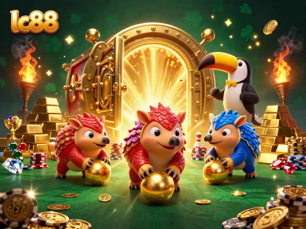 lc88 pangolins bowling through poker chips showcasing casino excitement in a vibrant illustration
