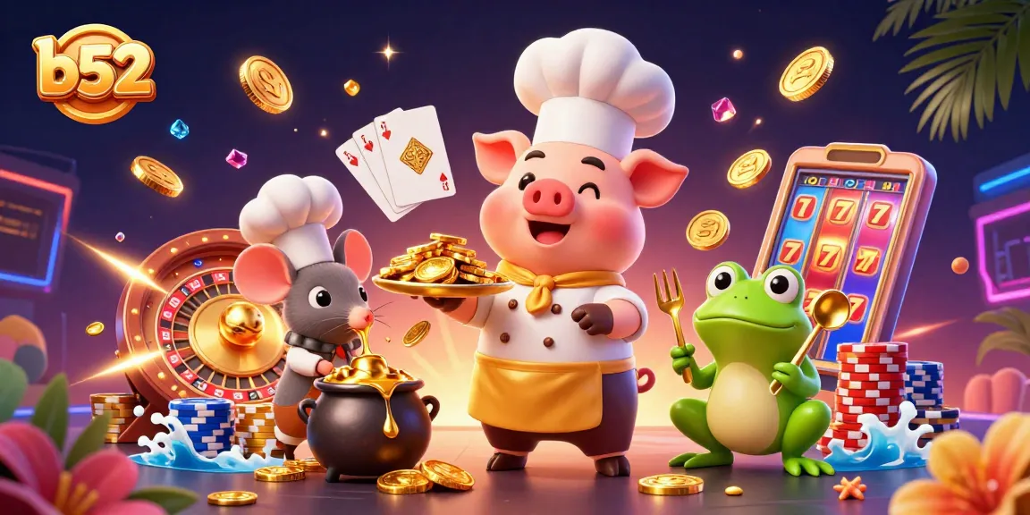 Celebrate wins at b52 with a 3D illustration featuring chefs serving golden coins and rich casino elements.