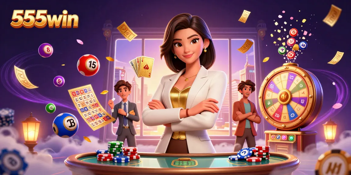 Engage in thrilling gameplay at 555win with a stunning illustration of a professional woman holding cards amidst vibrant casino elements.