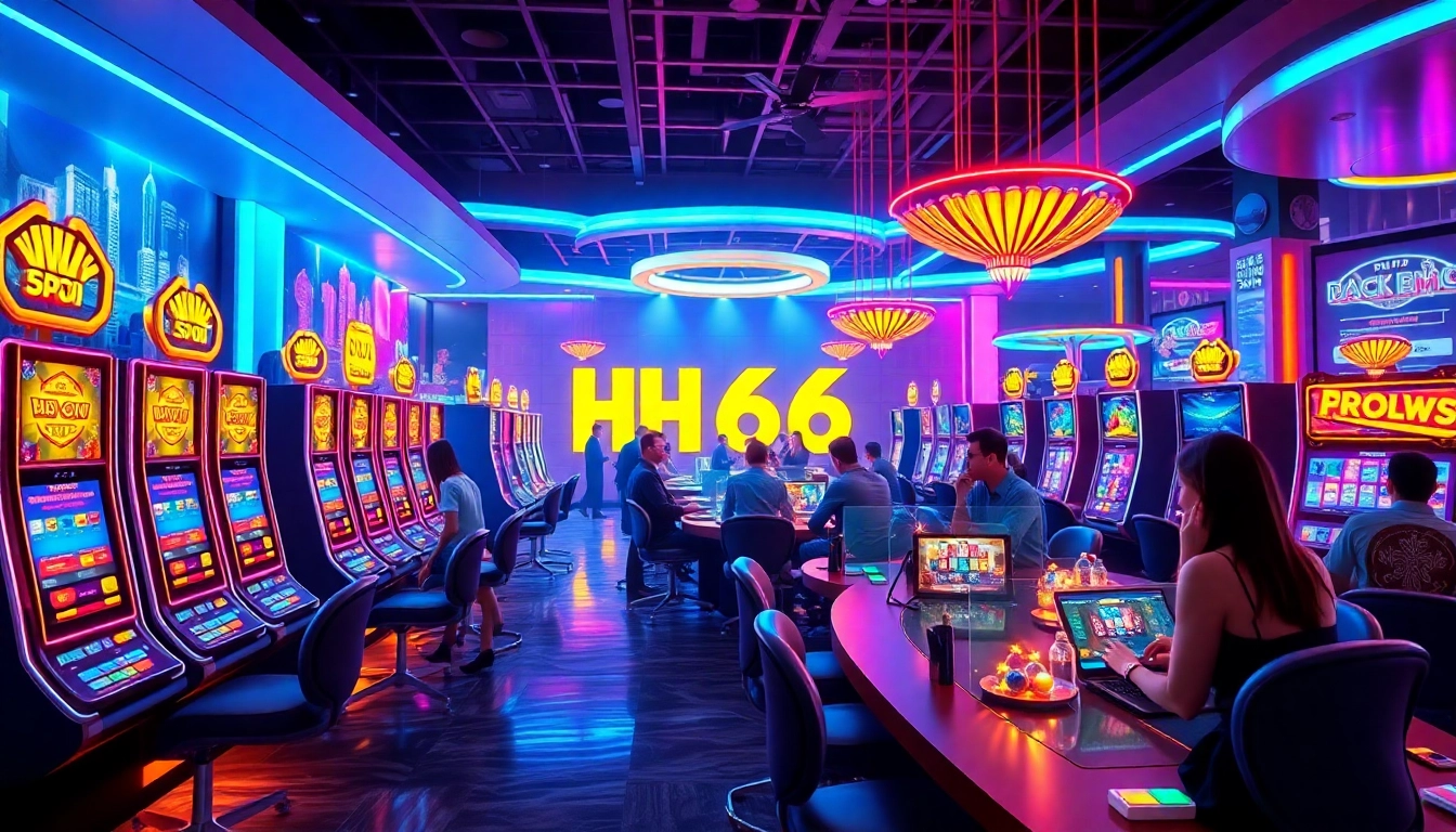 Exciting HH666 online casino scene with vibrant games, live dealers, and happy players.
