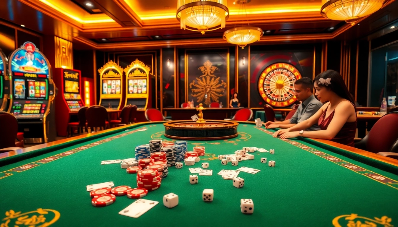 Excited players engaging in luckywin tài xỉu at a luxurious casino table.