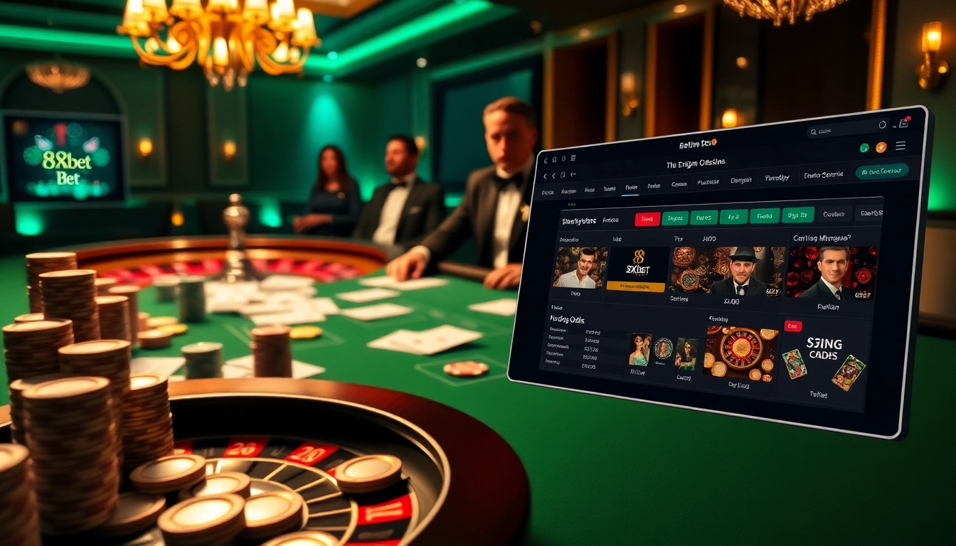Gambling action at a luxurious casino table with 8xbet showcasing live betting odds.