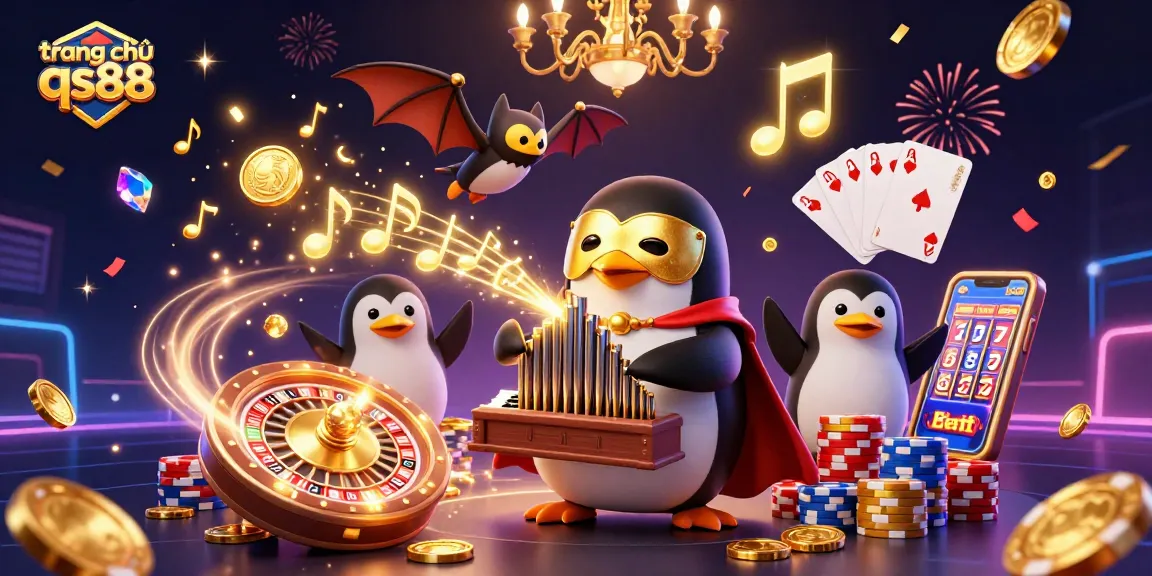 Experience excitement at trang chủ qs88 with a lively 3D cartoon scene featuring a penguin and a bat in an enchanting casino.