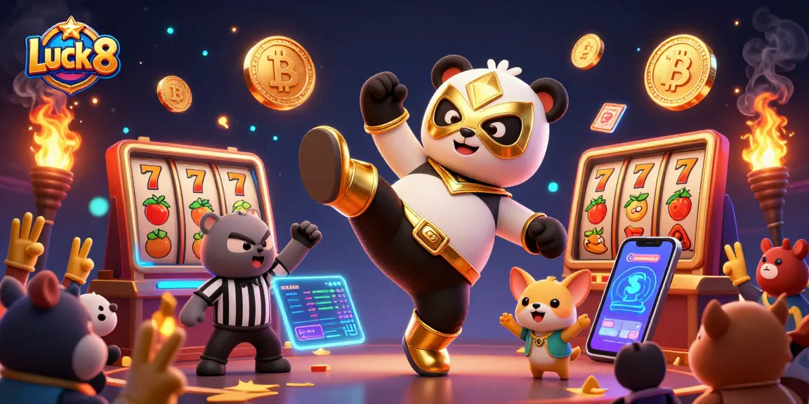 Experience Luck 8 action with dynamic slot elements and playful animal characters in a lively casino scene.
