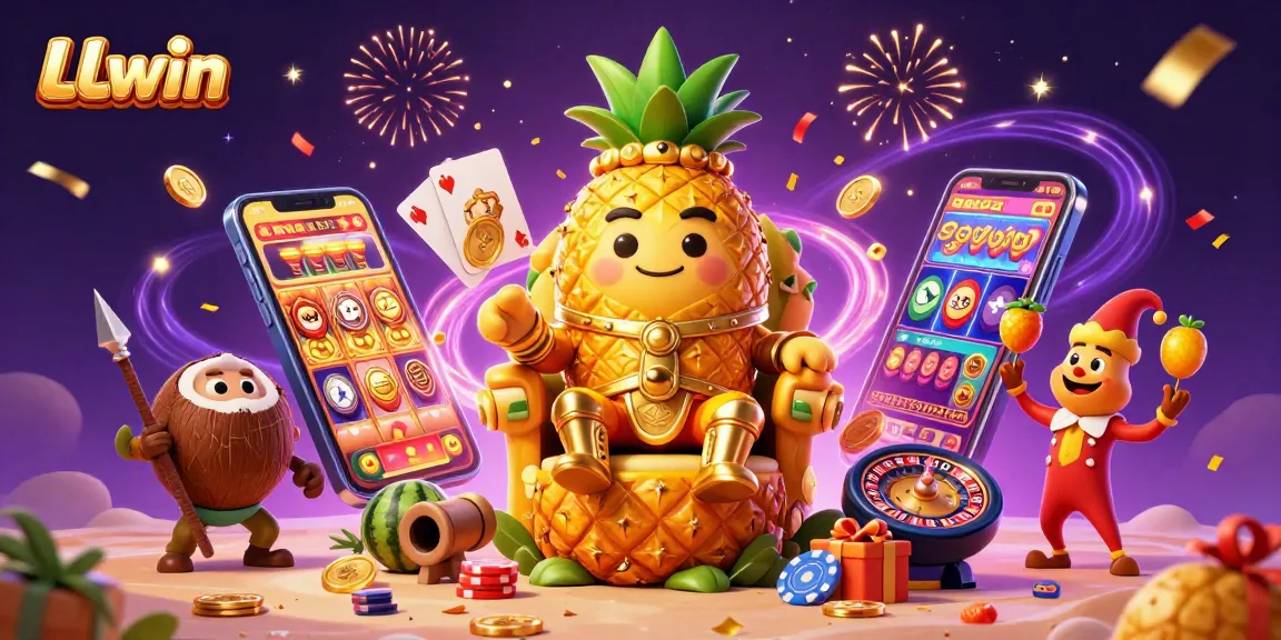Experience LLwin's casino adventure with the golden pineapple king and vibrant game elements.