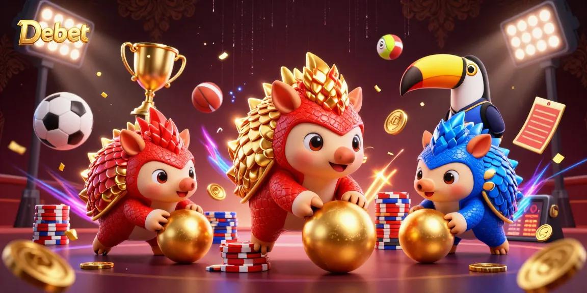 Debet sports betting action with dynamic pangolins, confetti, and golden coins in exciting casino scene.