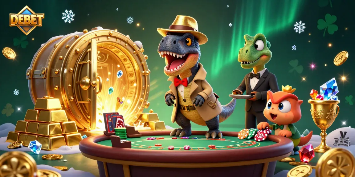 Engage with DEBET in a dynamic 3D casino scene featuring a velociraptor at the blackjack table.