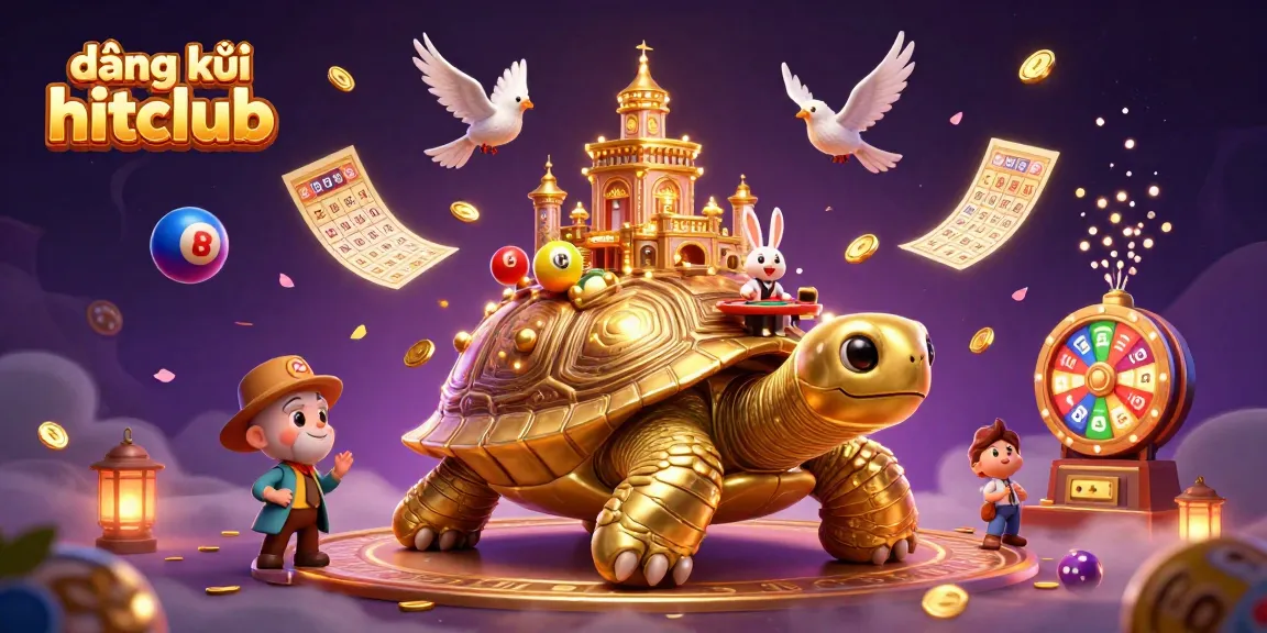 Experience đăng ký hitclub with a dynamic 3D scene featuring a golden tortoise casino, vibrant lottery elements, and festive gaming atmosphere.