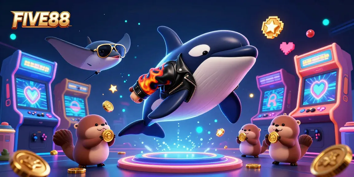 Experience the excitement of FIVE88 with cartoon characters in a vibrant casino scene filled with colorful game elements.