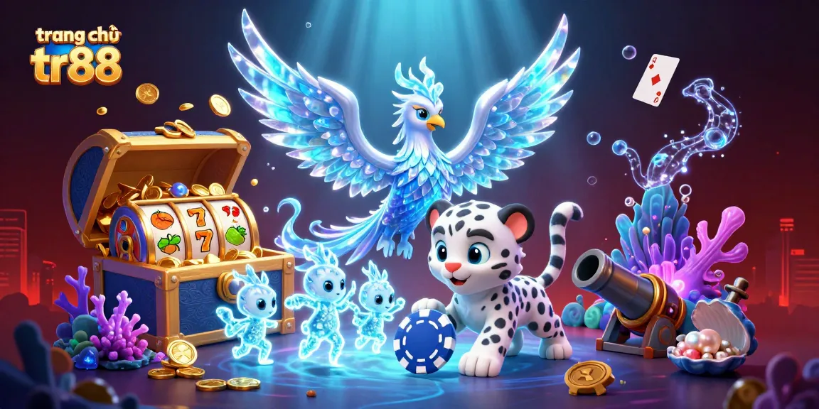 Experience gaming excitement with trang chủ tr88, featuring a dazzling ice phoenix, poker chip, and vibrant slot symbols.